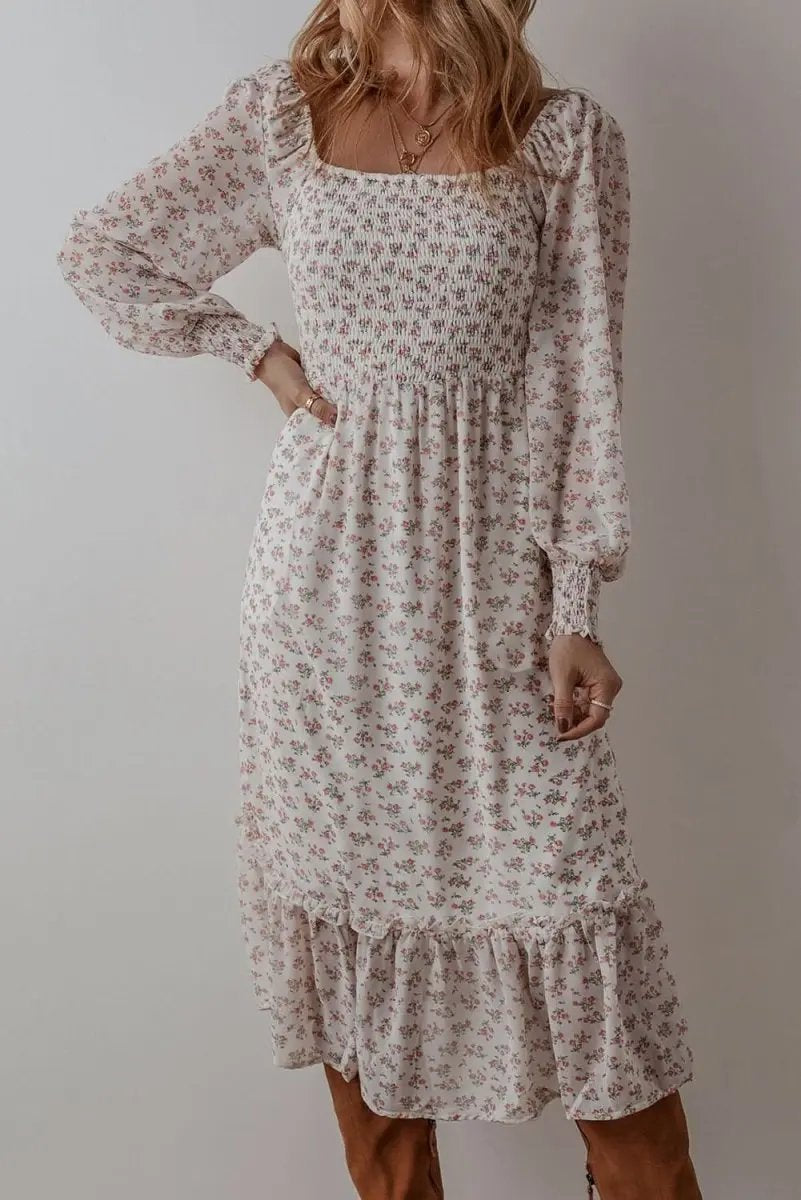 White Floral Print Shirred Ruffled Hem Square Neck Midi Dress - Love Salve
